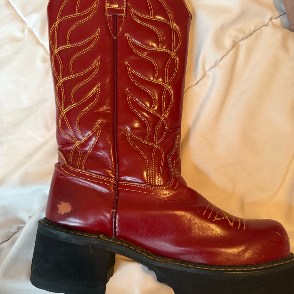 Vintage John Fluevog Red Leather Cowboy Boots, Yellow Contrast Flame Stitching - Picture 10 of 13